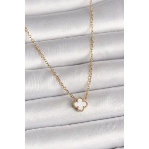 316L Çelik Gold Renk Beyaz Yonca Model Kadın Kolye