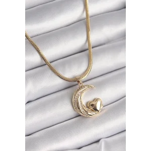 316L Çelik Gold Renk Çelik İtalyan Zincir Zirkon Taşlı Halil Figür Kalp Detay Kadın Kolye
