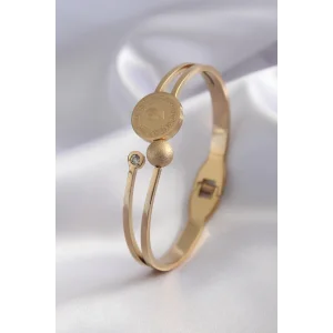 316L Çelik Gold Renk Çeyrek Altın Zirkon Taş Detay Kadın Kelepçe