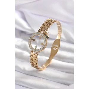 316L Çelik Gold Renk Çeyrek Takılabilen Zirkon Taş Detay Kadın Kelepçe