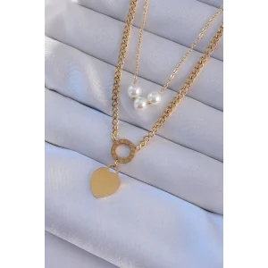 316L Çelik Gold Renk Çift Zincir İnci Detayı Love Kalp Kolye