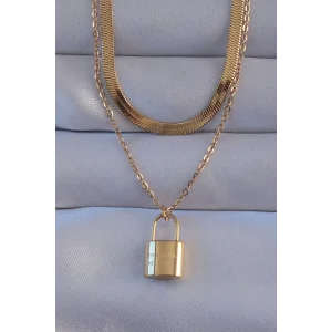 316L Çelik Gold Renk Çift Zincir Kilit Model Kolye