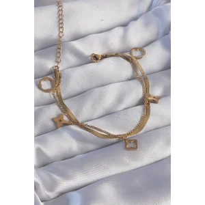 316L Çelik Gold Renk Çift Zincir Yonca Tasarım Bileklik