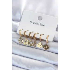316L Çelik Gold Renk Çoklu Figür Model Kadın Küpe Seti