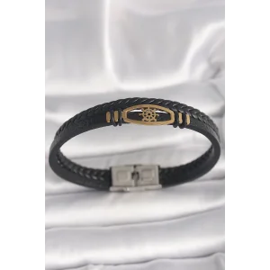 316L Çelik Gold Renk Gemi Dümen Figür Siyah Renk Çift Sıra Burgu Desenli Deri Kordon Erkek Bileklik
