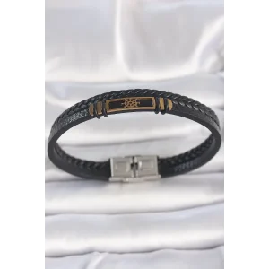 316L Çelik Gold Renk Gemi Dümeni Aksesuarlı Çift Sıra Burgu Desenli Deri Kordon Erkek Bileklik