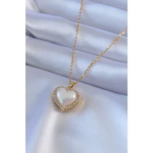 316L Çelik Gold Renk İncili Kalp Model Zirkon Taşlı Kadın Kolye