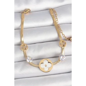 316L Çelik Gold Renk İtalyan Zincir Beyaz Mineli Yonca Model Zirkon Taş Detaylı Kadın Bileklik