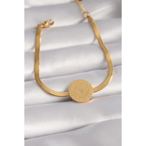 316L Çelik Gold Renk İtalyan Zincir Model İşlemeli Madalyon Figür Kadın Bileklik