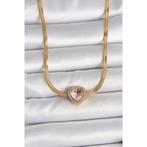 316L Çelik Gold Renk İtalyan Zincir Pembe Zirkon Taşlı Kalp Model Kadın Kolye