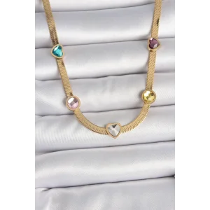 316L Çelik Gold Renk İtalyan Zincir Renkli Zirkon Taşlı Kalp Figür Kadın Kolye