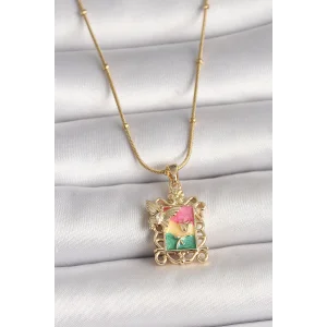 316L Çelik Gold Renk Renkli Zirkon Taşlı Kelebek İşlemeli Portre Model Kadın Kolye