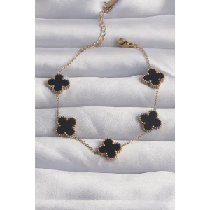 316L Çelik Gold Renk Siyah Mineli Yonca Bileklik