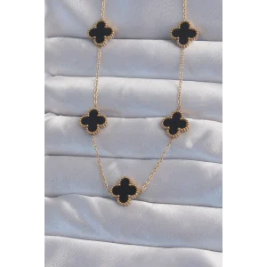 316L Çelik Gold Renk Siyah Mineli Yonca Kolye