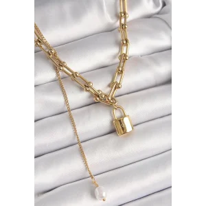 316L Çelik Gold Renk Tifany Zincir Model Kilit Figür Sallantı İnci Detay Kadın Kolye