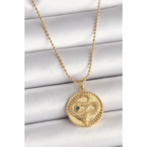 316L Çelik Gold Renk Topçuk Zincir Yılan İşlemeli Zirkon Taş Detaylı Madalyon Model Kadın Kolye