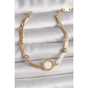 316L Çelik Gold Renk Yassı Zincir Model Zirkon Taş Detaylı Beyaz Mineli Madalyon Model Kadın Bileklik