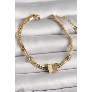 316L Çelik Gold Renk Yassı Zincir Zirkon Taşlı Simli Kelebek Figür Kadın Bileklik