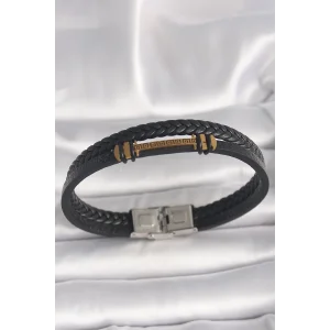 316L Çelik Gold Renk ZikZak İşlemeli Aksesuarlı Çift Sıra Burgu Desenli Deri Kordon Erkek Bileklik