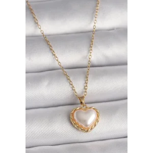 316L Çelik Gold Renk Zincir 3D İnci Kalp Model Kadın Kolye