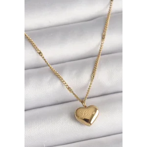 316L Çelik Gold Renk Zincir Love İşlemeli Kalp Figür Kadın Kolye