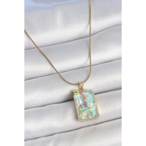 316L Çelik Gold Renk Zincir Mavi Mineli İncili Çiçek İşlemeli Portre Model Kadın Kolye