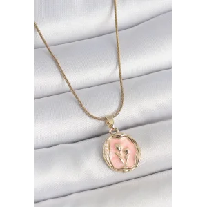 316L Çelik Gold Renk Zincir Pembe Mineli Çiçek İşlemeli Portre Model Kadın Kolye