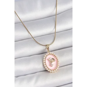 316L Çelik Gold Renk Zincir Pembe Mineli İncli Zirkon Taşlı Çiçek İşlemeli Portre Model Kadın Kolye