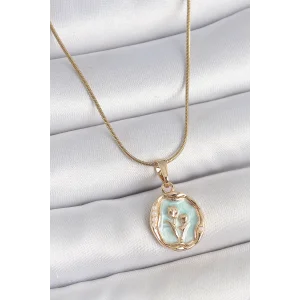 316L Çelik Gold Renk Zincir Turkuaz Mineli Çiçek İşlemeli Portre Model Kadın Kolye