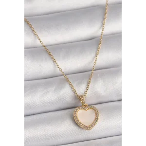 316L Çelik Gold Renk Zincir Zirkon Taşlı Beyaz Mineli Kalp Model Kadın Kolye