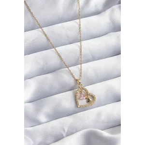 316L Çelik Gold Renk Zincir Zirkon Taşlı Kalp Model Kadın Kolye