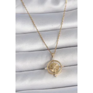 316L Çelik Gold Renk Zincir Zirkon Taşlı Pusula Model Kadın Kolye
