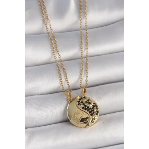 316L Çelik Gold Renk Zincir Zirkon Taşlı Ying Yang Model Gün Batımı İşlemeli Arkadaşlık Kadın Kolye
