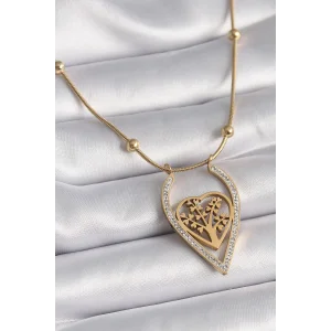 316L Çelik Gold Renk Zirkon Taşlı Detaylı Kalp Fidan Model Kadın Kolye