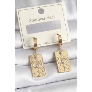 316L Çelik Gold Renk Zirkon Taşlı Göz İşleme Detay Plaka Model Kadın Küpe