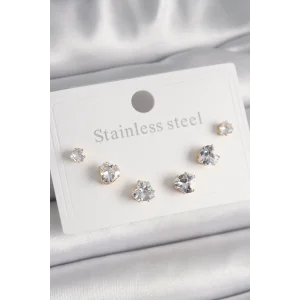 316L Çelik Gold Renk Zirkon Taşlı Kalp Model Kadın Küpe Seti