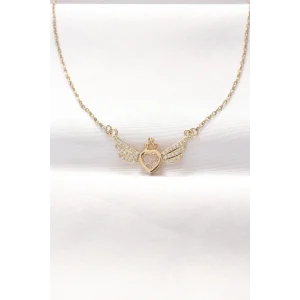 316L Çelik Gold Renk Zirkon Taşlı Kalpli Kanat Kolye