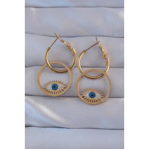 316L Çelik Gold Renk Zirkon Taşlı Mavi Göz Tasarımlı Halka Küpe