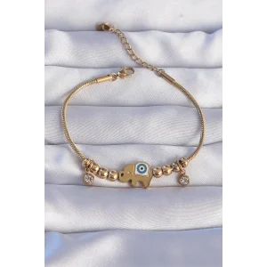 316L Çelik Gold Renk Zirkon Taşlı Nazarlı Fil Tasarımlı Bileklik