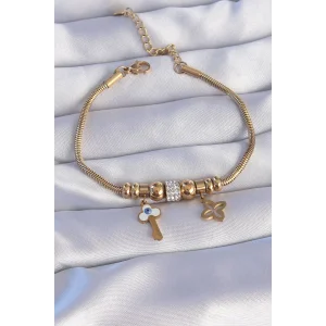 316L Çelik Gold Renk Zirkon Taşlı Yonca Detay Nazarlı Anahtar Tasarımlı Bileklik