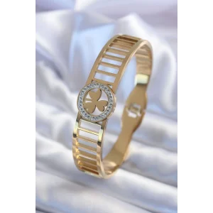 316L Çelik Gold Renk Zirkon Taşlı Yonca Model Kadın Kelepçe