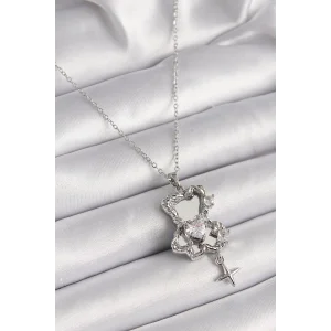 316L Çelik Gümüş Renk Ayna Ayıcık Model Zirkon Taşlı Kalp Detay Kadın Kolye