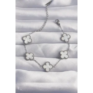 316L Çelik Gümüş Renk Beyaz Sedefli Yonca Bileklik