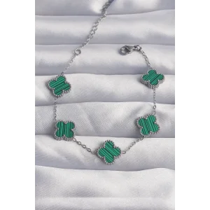 316L Çelik Gümüş Renk Çizgili Yeşil Mineli Yonca Bileklik