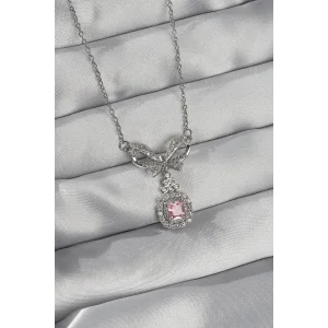 316L Çelik Gümüş Renk Fiyonk Detay Pembe Zirkon Taşlı Tektaş Kolye