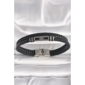 316L Çelik Gümüş Renk Gemi Dümeni Figür Siyah Burgu Deri Kordon Model Erkek Bileklik