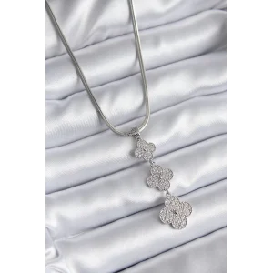 316L Çelik Gümüş Renk İtalyan Zincir Zirkon Taşı Yonca Model Kadın Kolye