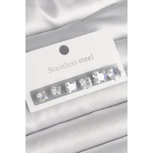 316L Çelik Gümüş Renk Kare Zirkon Taşlı Kadın Küpe Seti