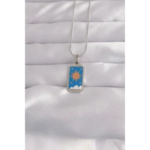 316L Çelik Gümüş Renk Mavi Mineli Güneş Model Tarot Kolye