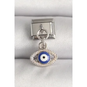 316L Çelik Gümüş Renk Nazar Boncuk Detaylı Göz Model Nomination Charm